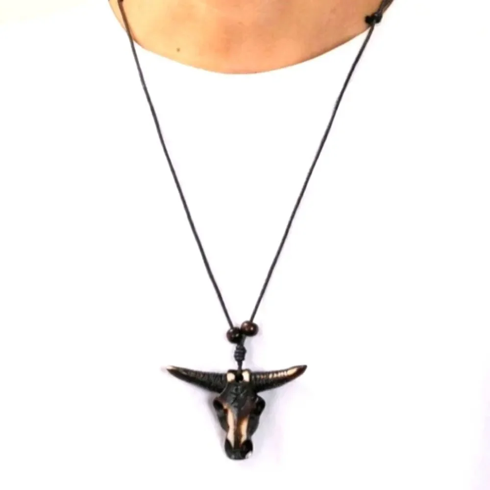 Hand CRAFTED UNISEX brown bull head pendant with adjustable necklace